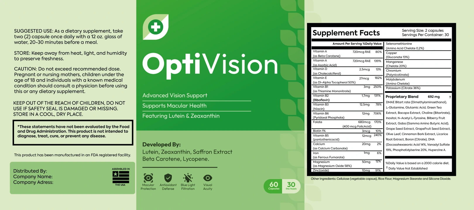 OptiVision Supplement Facts Label